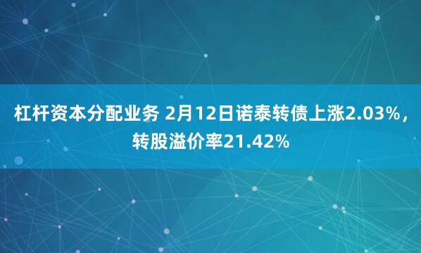 杠杆资本分配业务 2月12日诺泰转债上涨2.03%，转股溢价率21.42%