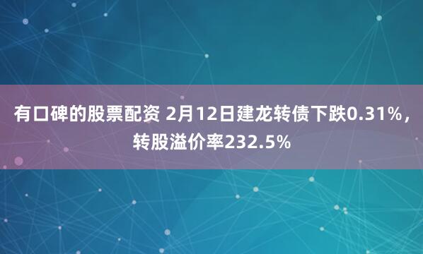 有口碑的股票配资 2月12日建龙转债下跌0.31%，转股溢价率232.5%